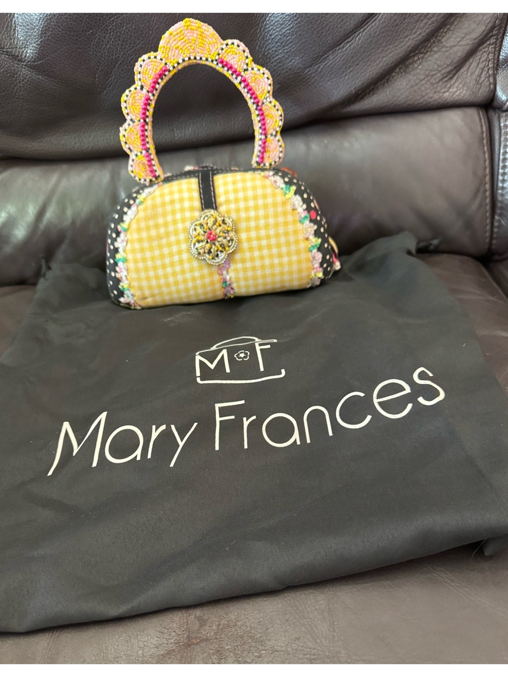 Mary Frances Yellow Gingham Beaded Handle Bag with Floral Accent